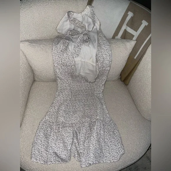 Off White Dusty Blue Floral Halter Dress